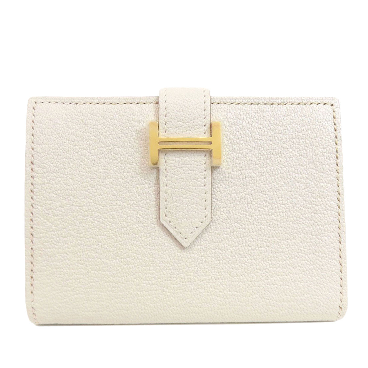 HERMES Card Case leather white Bearn Gold Metal Women