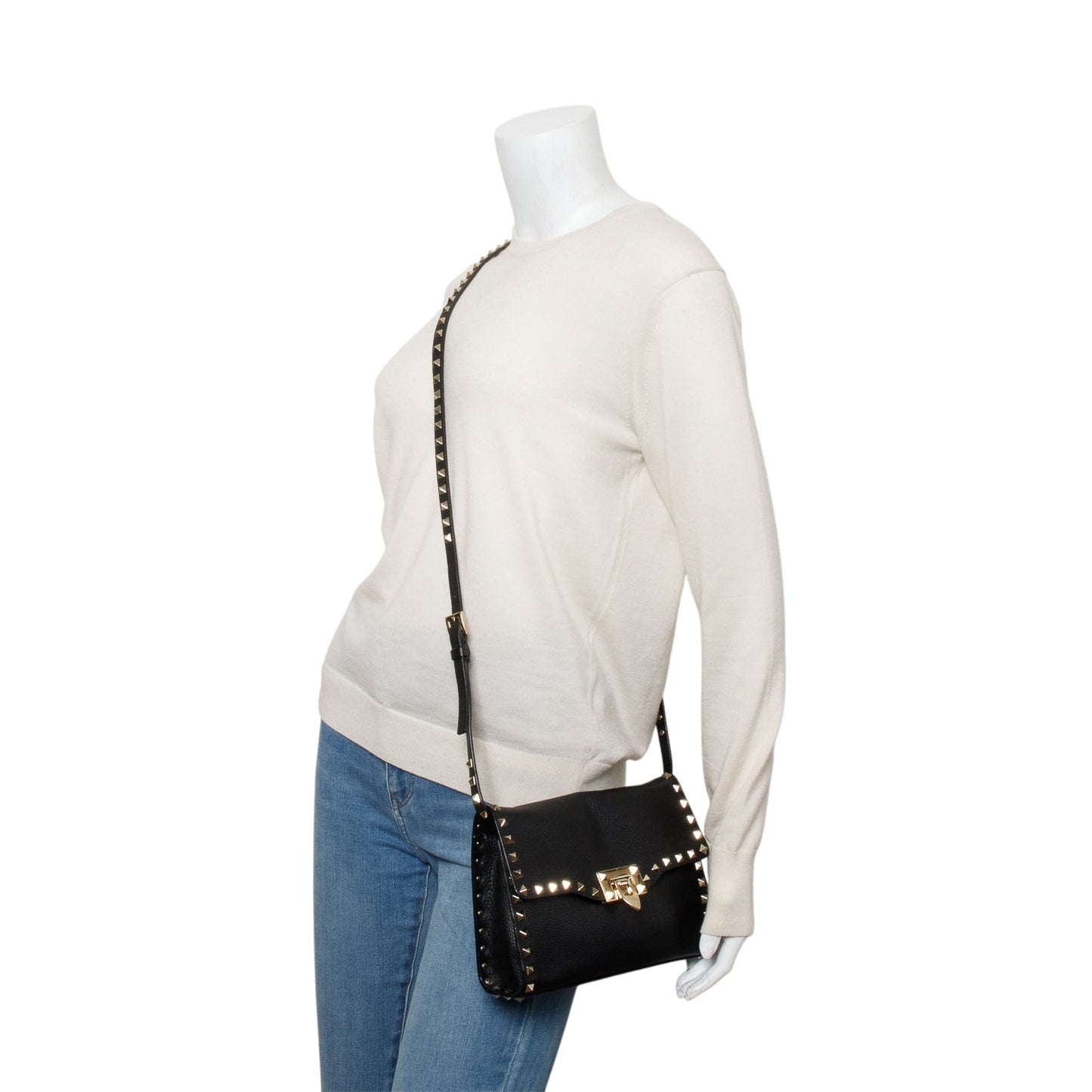 Valentino Black Small Rockstud Grainy Calfskin Crossbody Bag