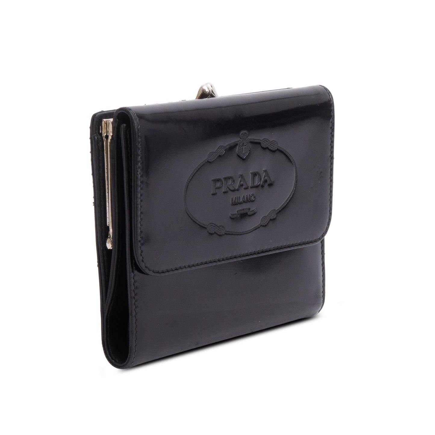 Prada Black Spazzolato Trifold Compact Wallet