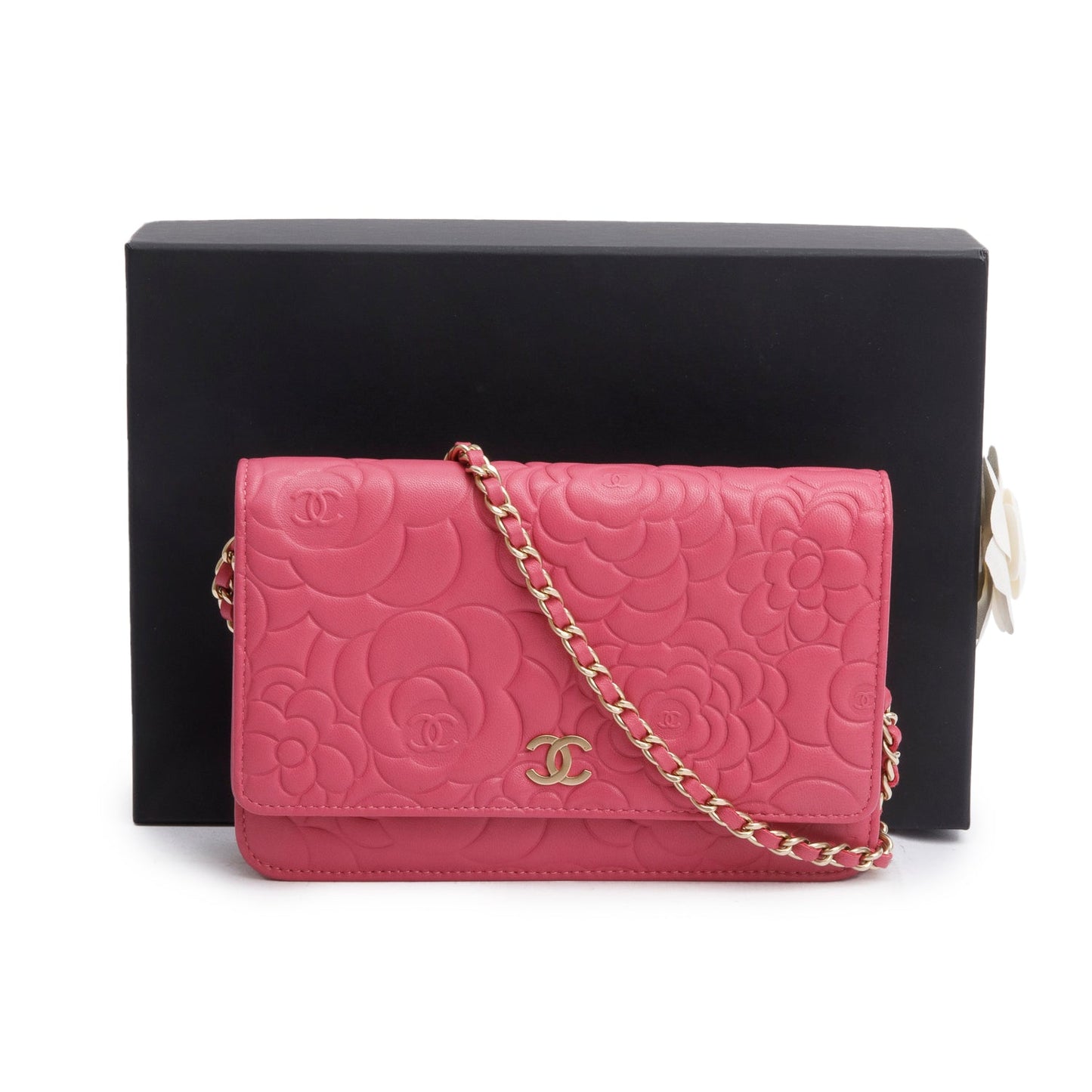 Chanel Pink Lambskin Camellia Embossed Wallet on Chain