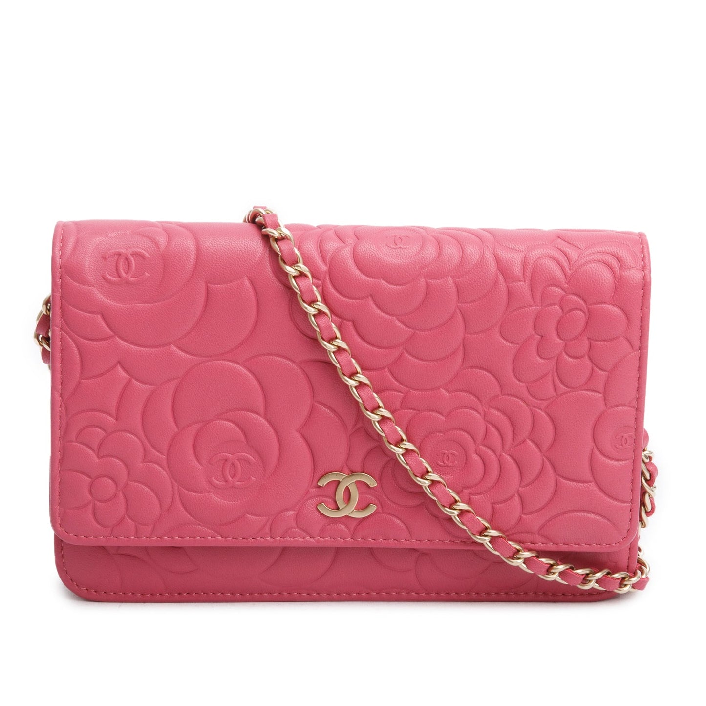 Chanel Pink Lambskin Camellia Embossed Wallet on Chain