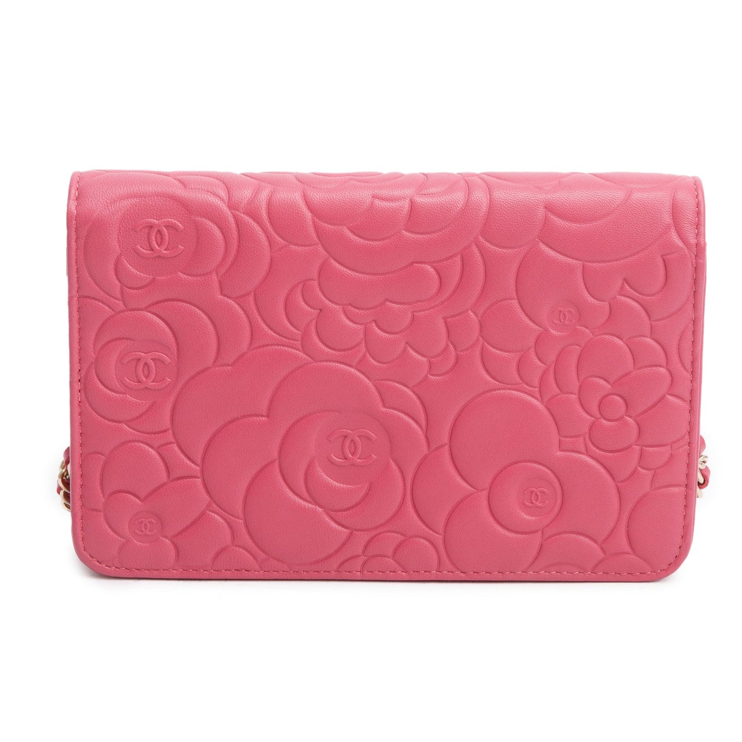 Chanel Pink Lambskin Camellia Embossed Wallet on Chain