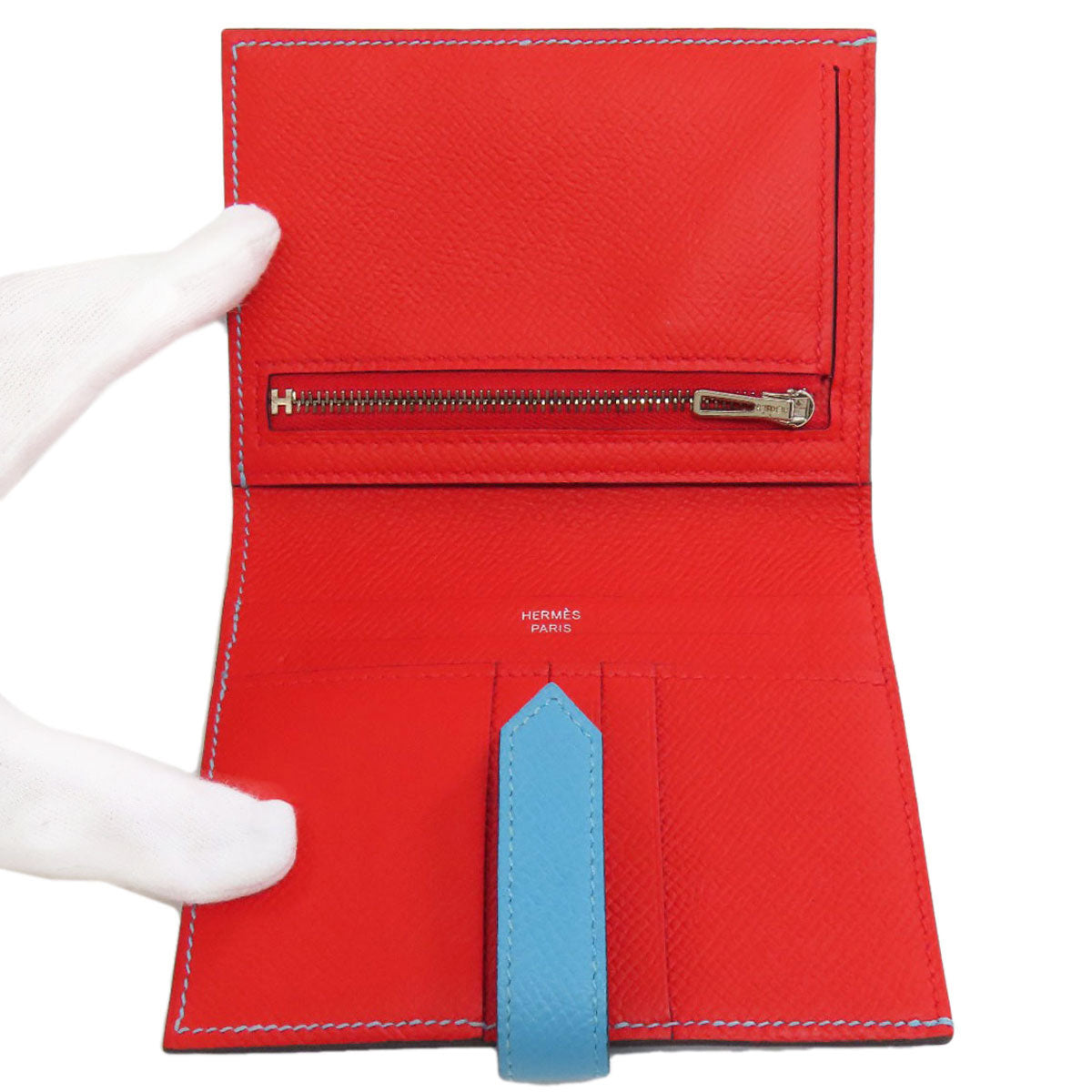 HERMES Bifold Wallet Epsom blue Bearn Compact SilverMetal Women