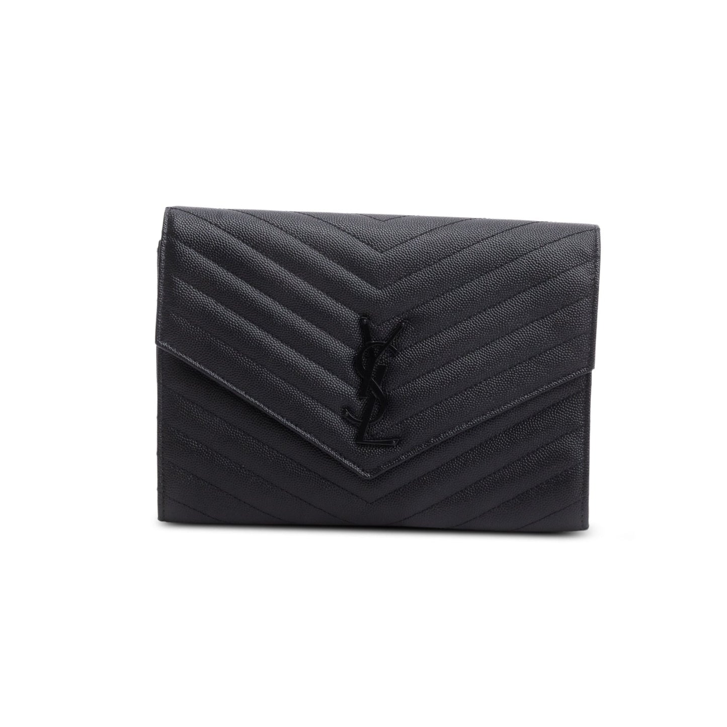 Saint Laurent 2023 Black Grain De Poudre Matelasse Chevron Cassandre Flap Clutch