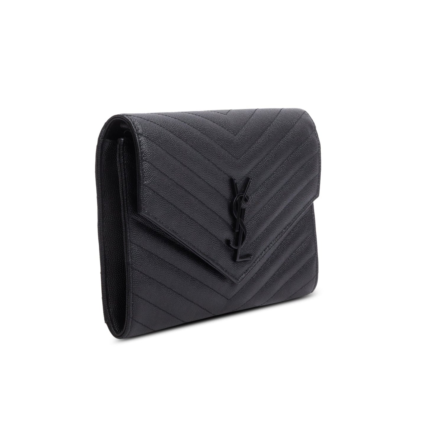 Saint Laurent 2023 Black Grain De Poudre Matelasse Chevron Cassandre Flap Clutch