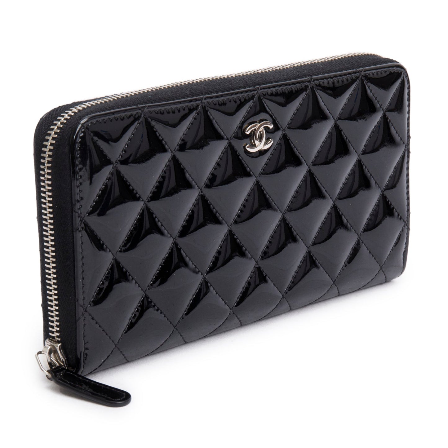 Chanel Black Patent Leather Calfskin Quilted Large Gusset Zip Around Wallet