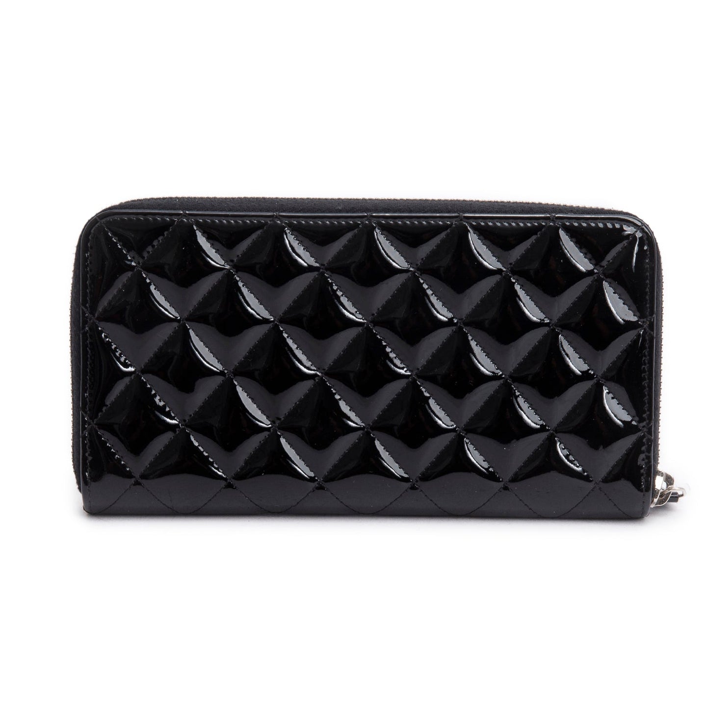 Chanel Black Patent Leather Calfskin Quilted Large Gusset Zip Around Wallet