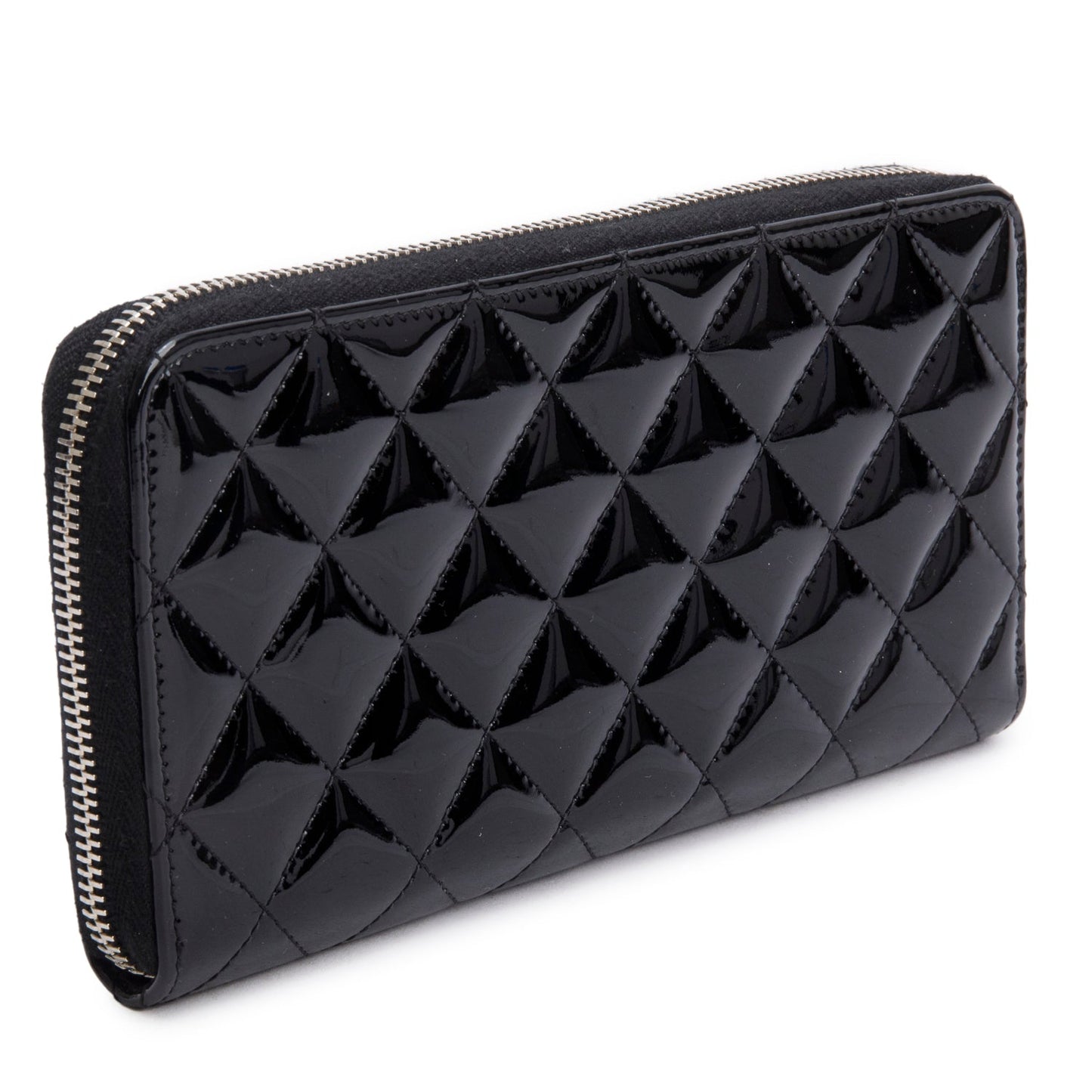 Chanel Black Patent Leather Calfskin Quilted Large Gusset Zip Around Wallet