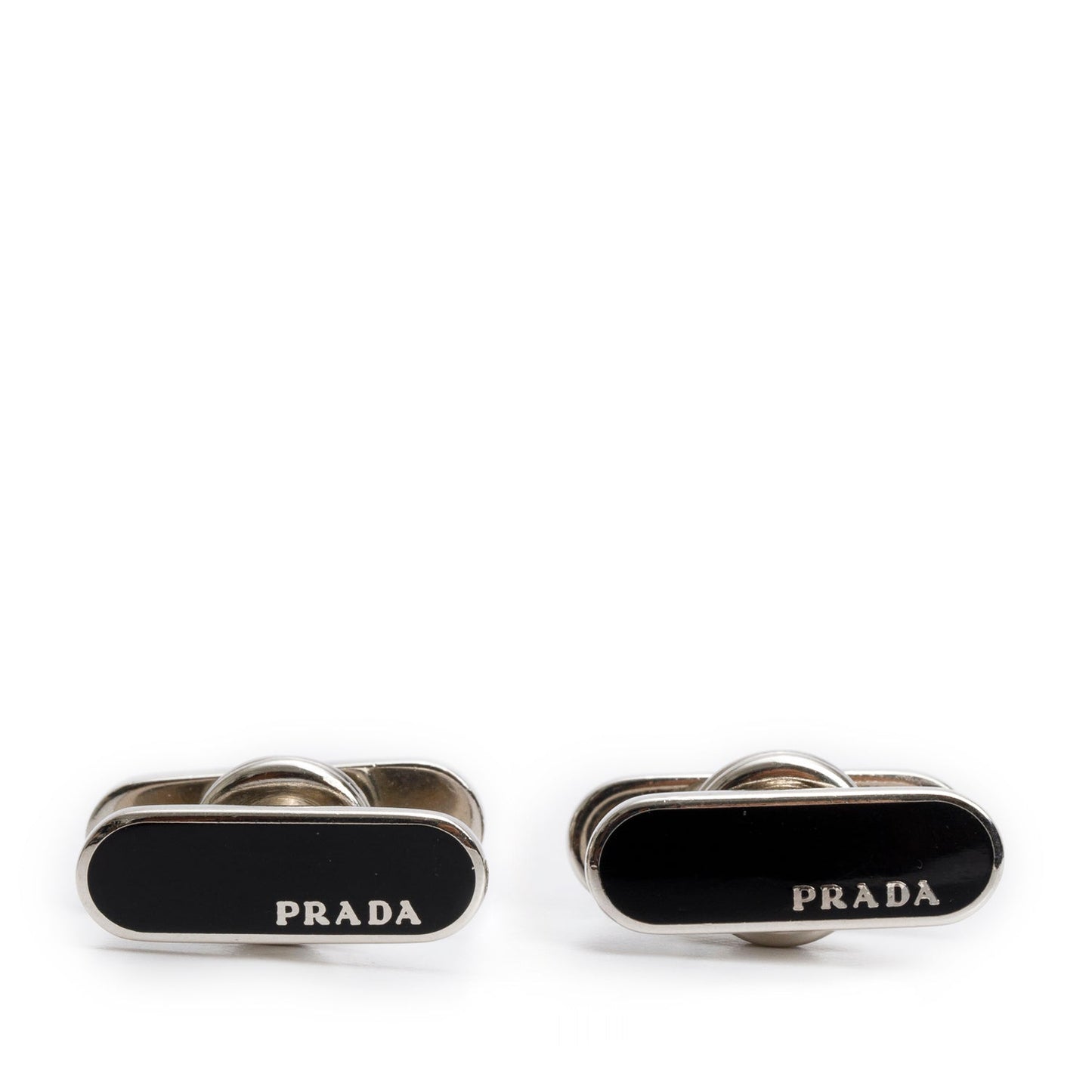 Prada Silver-Plated Black Enamel Logo Cufflinks