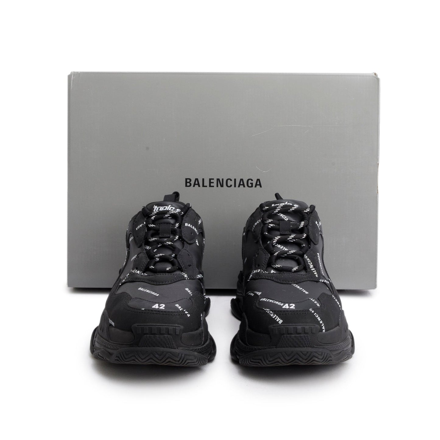 Balenciaga Black Allover Logo Triple S Sneaker, Men's Size 42