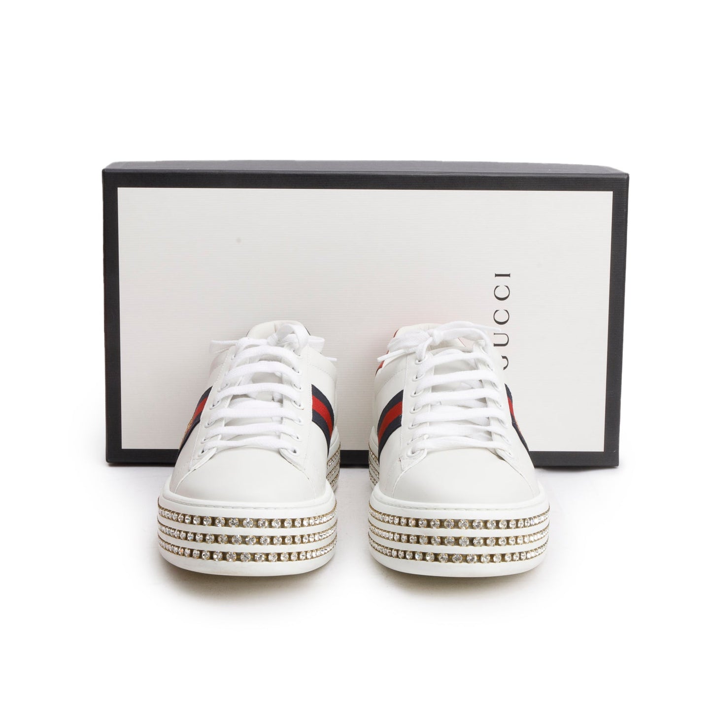 Gucci White Calfskin Web Bee Embroidered Crystal Platform Ace Sneakers, Size 41