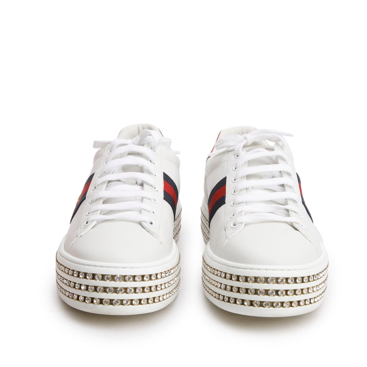 Gucci White Calfskin Web Bee Embroidered Crystal Platform Ace Sneakers, Size 41