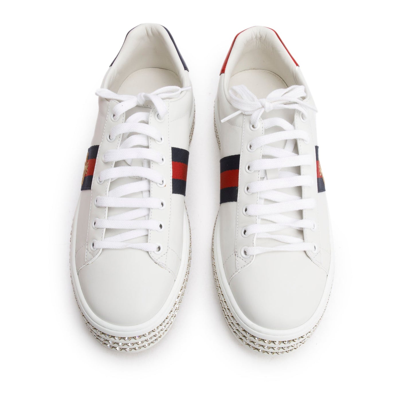 Gucci White Calfskin Web Bee Embroidered Crystal Platform Ace Sneakers, Size 41