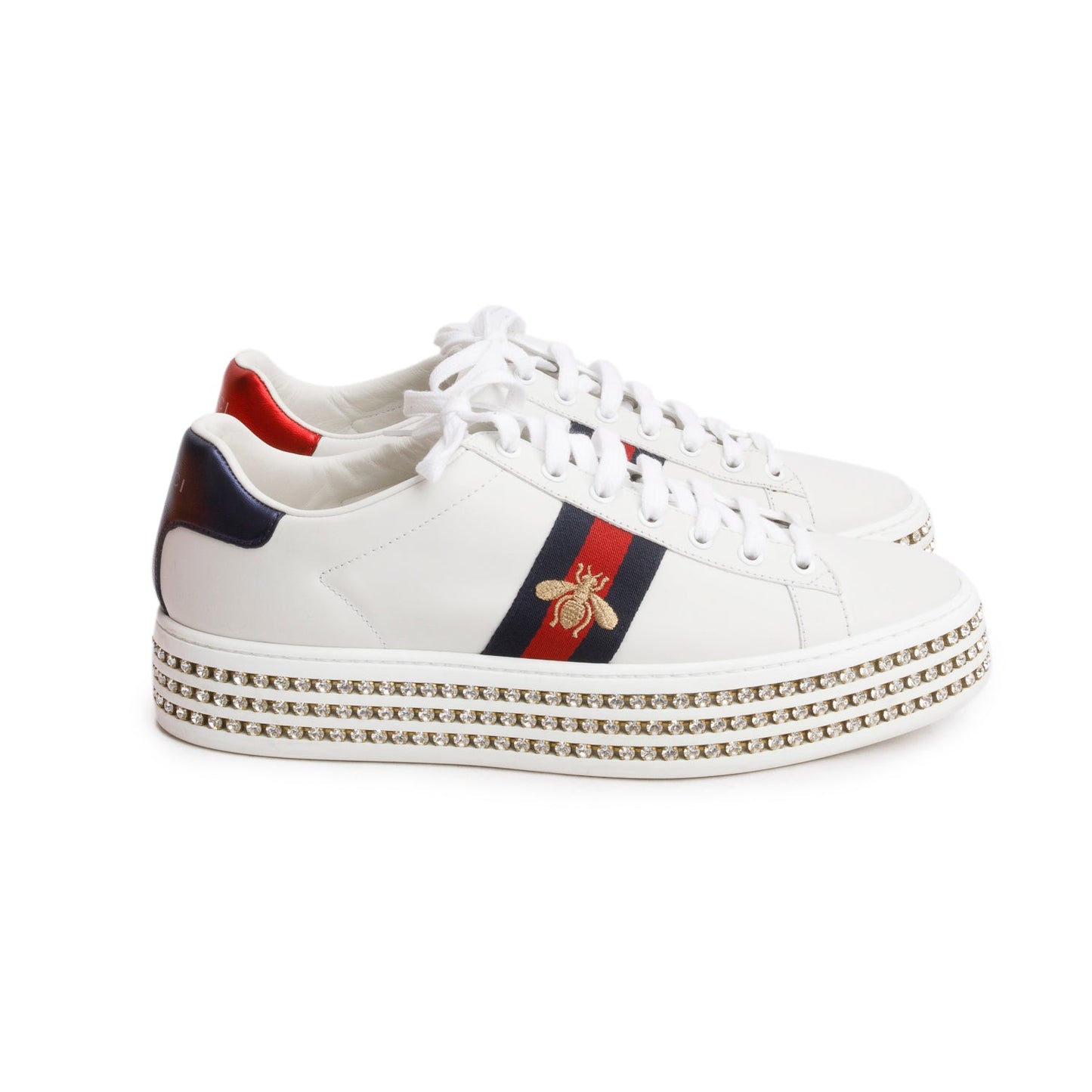 Gucci White Calfskin Web Bee Embroidered Crystal Platform Ace Sneakers, Size 41