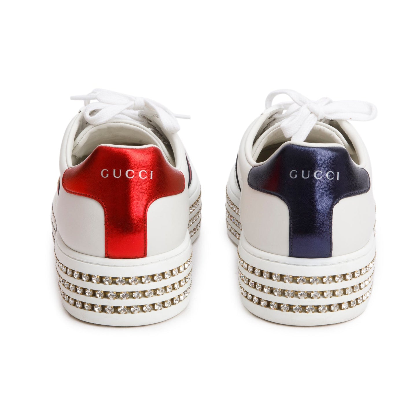 Gucci White Calfskin Web Bee Embroidered Crystal Platform Ace Sneakers, Size 41