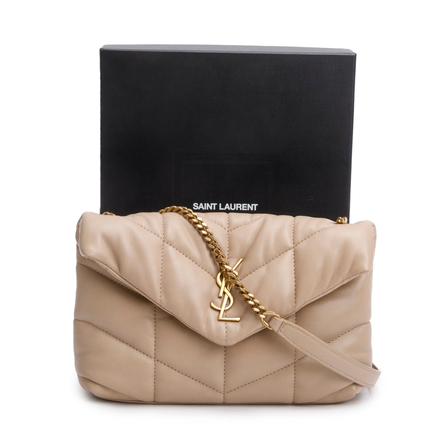 Saint Laurent 2020 Dark Beige Lambskin Quilted Toy Loulou Monogram Chain Satchel