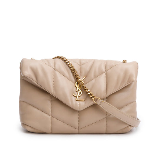 Saint Laurent 2020 Dark Beige Lambskin Quilted Toy Loulou Monogram Chain Satchel