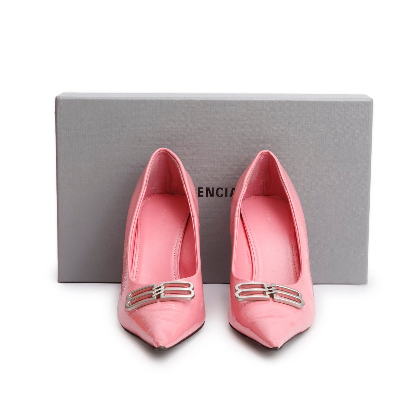 Balenciaga Pink Shiny Calfskin BB Square Knife 80mm Pumps, Size 40