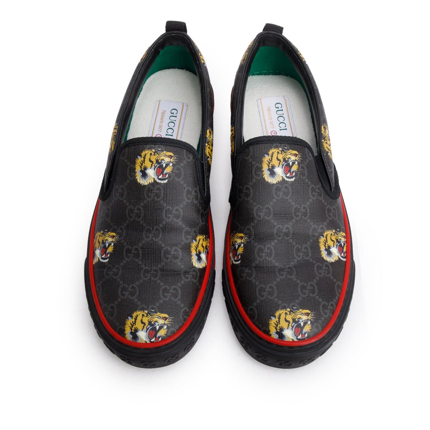 Gucci Black Tigers GG Supreme Canvas Tennis 1977 Slip On Sneakers, Men's Size 7