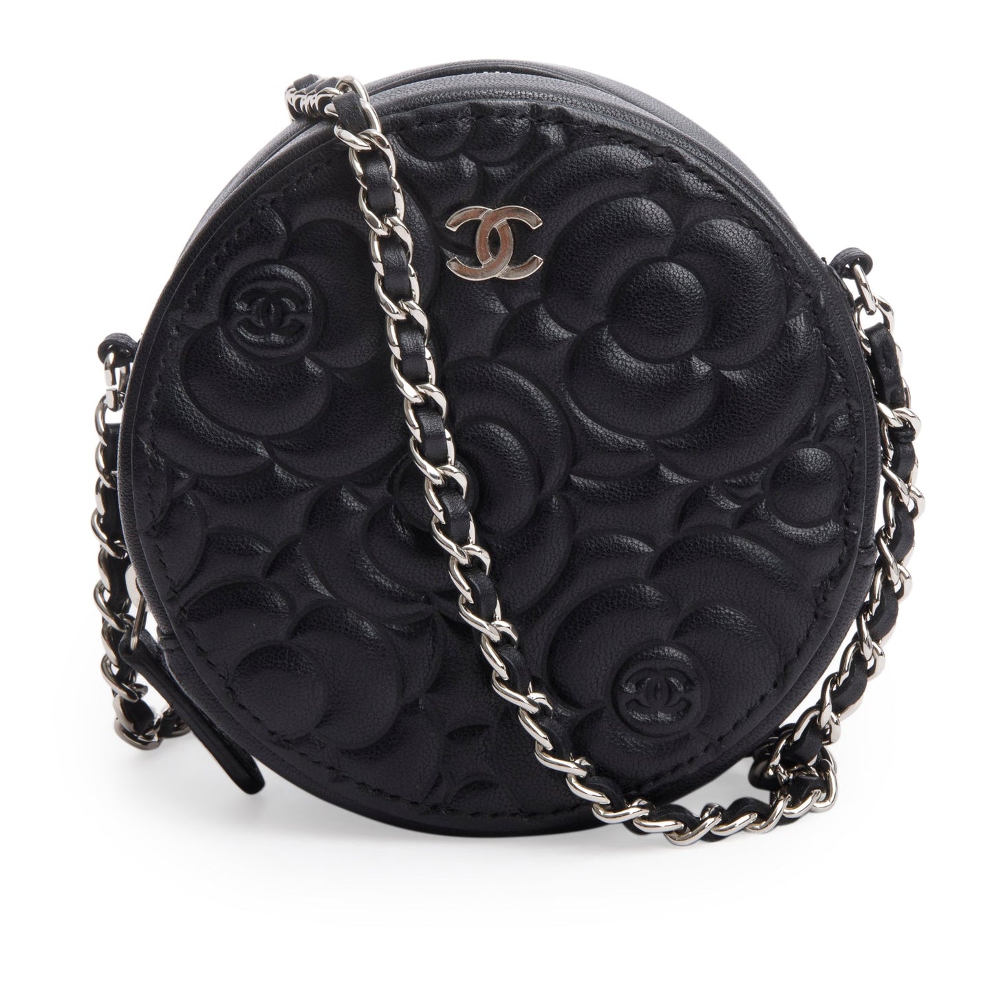 Chanel Black Caviar Camellia Embossed Round Clutch