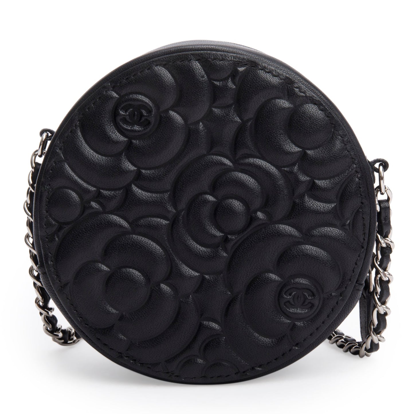 Chanel Black Caviar Camellia Embossed Round Clutch