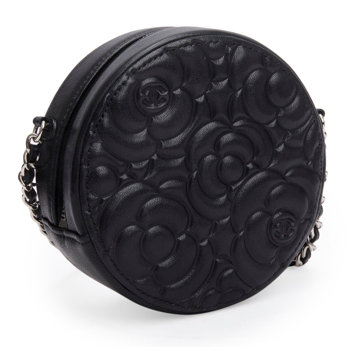 Chanel Black Caviar Camellia Embossed Round Clutch
