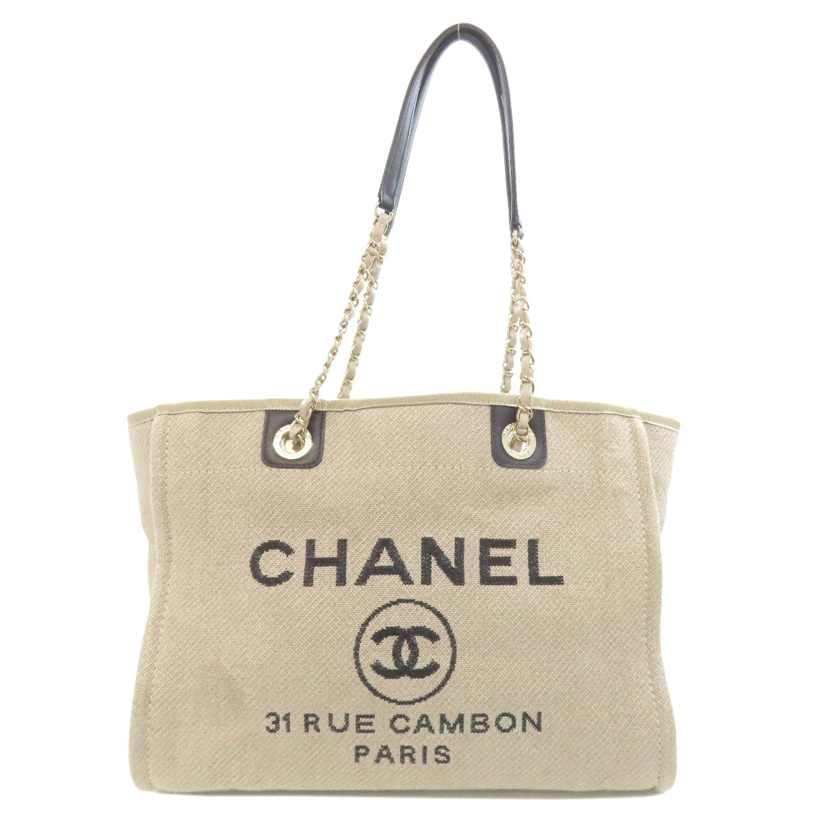 CHANEL Tote Bag canvas beige Deauville Gold Metal