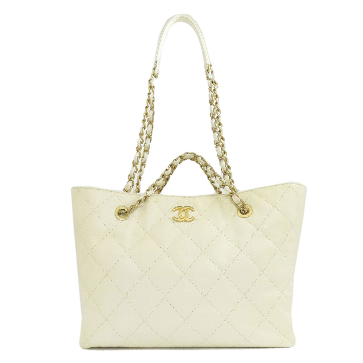 CHANEL Tote Bag Grained Calfskin Skin white Chain Tote Gold Metal 2WAY