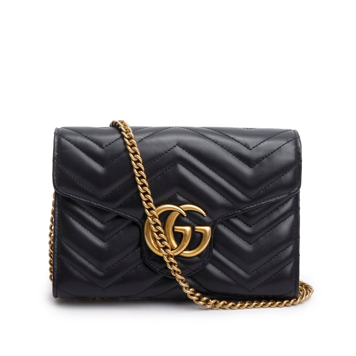 Gucci Black Calfskin Matelasse GG Marmont Chain Wallet