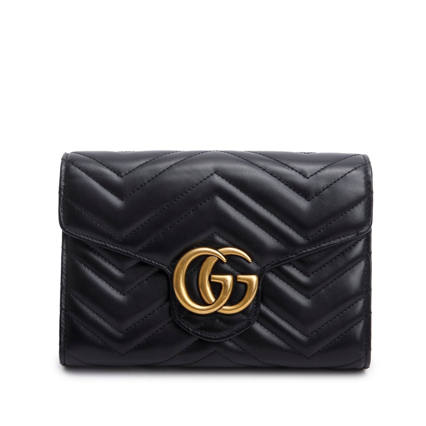 Gucci Black Calfskin Matelasse GG Marmont Chain Wallet