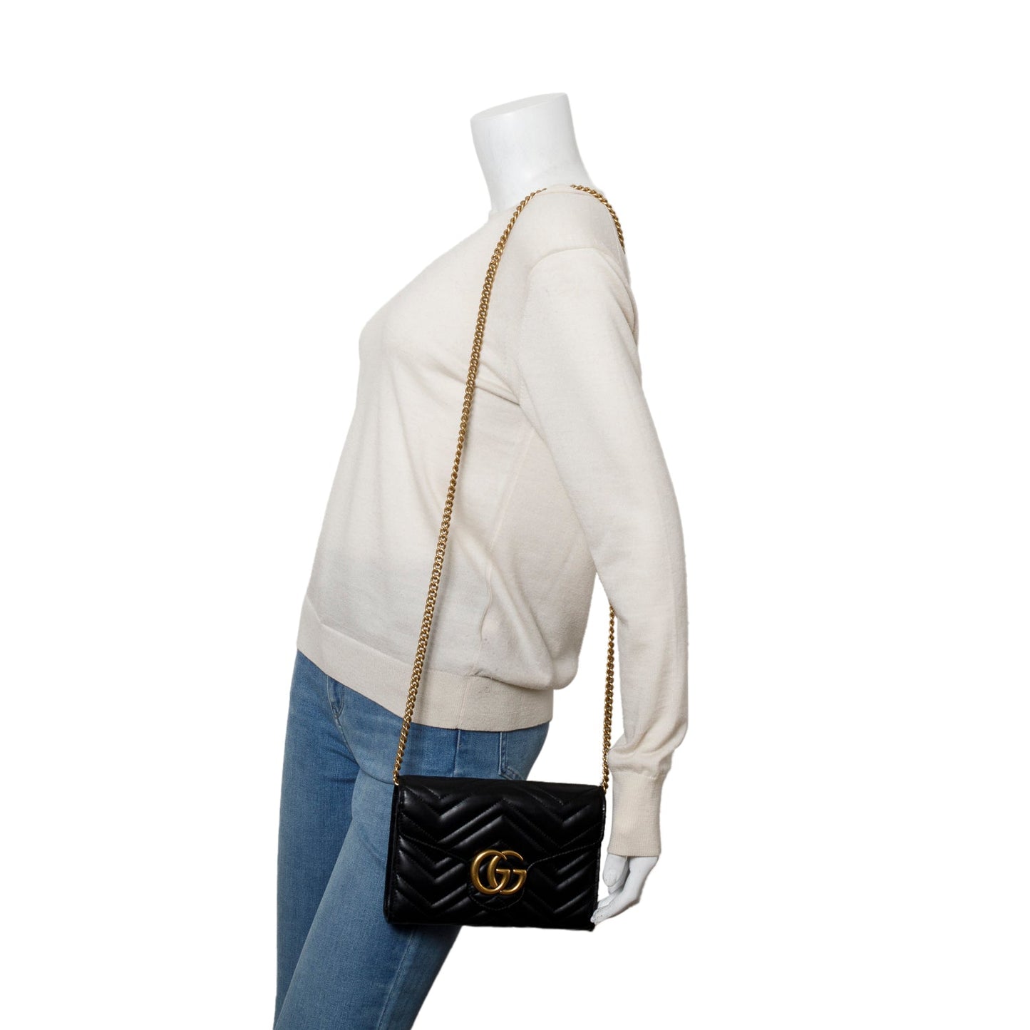 Gucci Black Calfskin Matelasse GG Marmont Chain Wallet