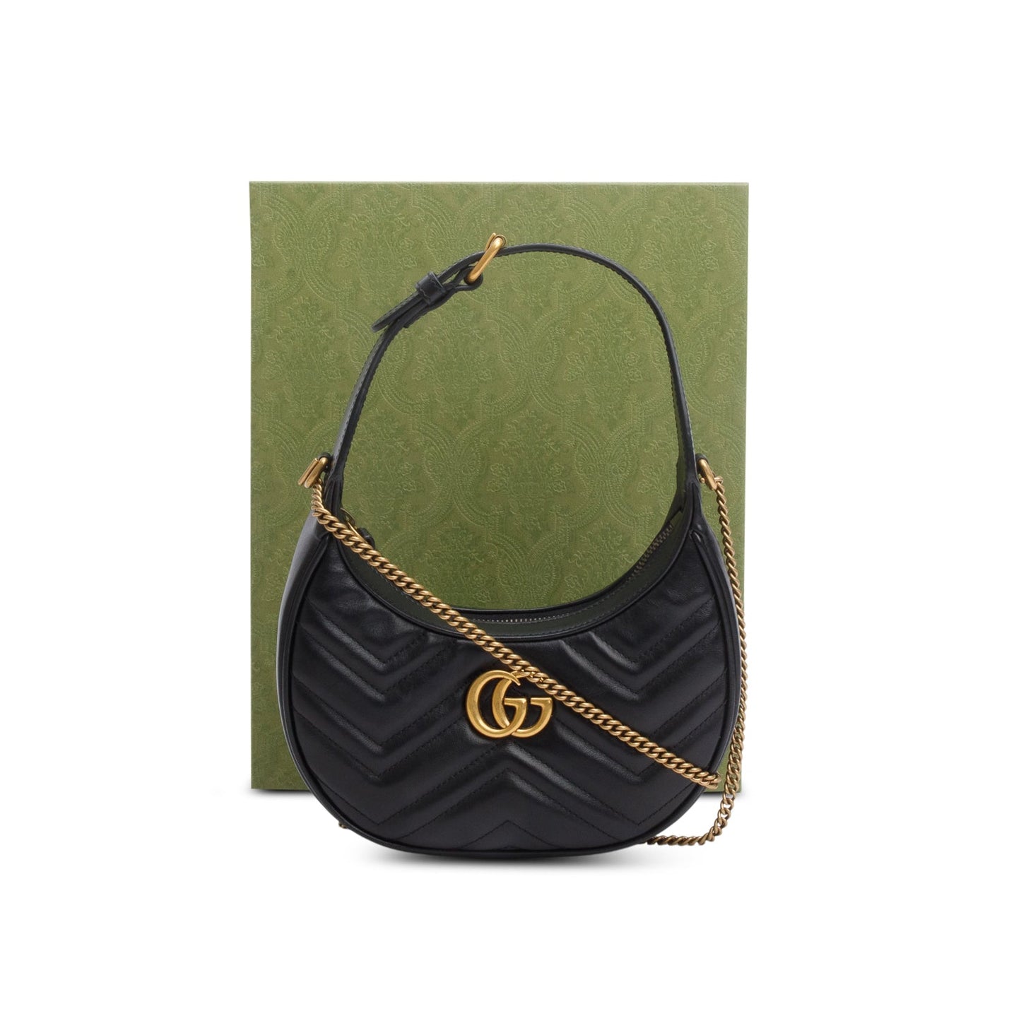 Gucci Black Calfskin Matelasse Chevron Mini GG Marmont Half Moon Hobo