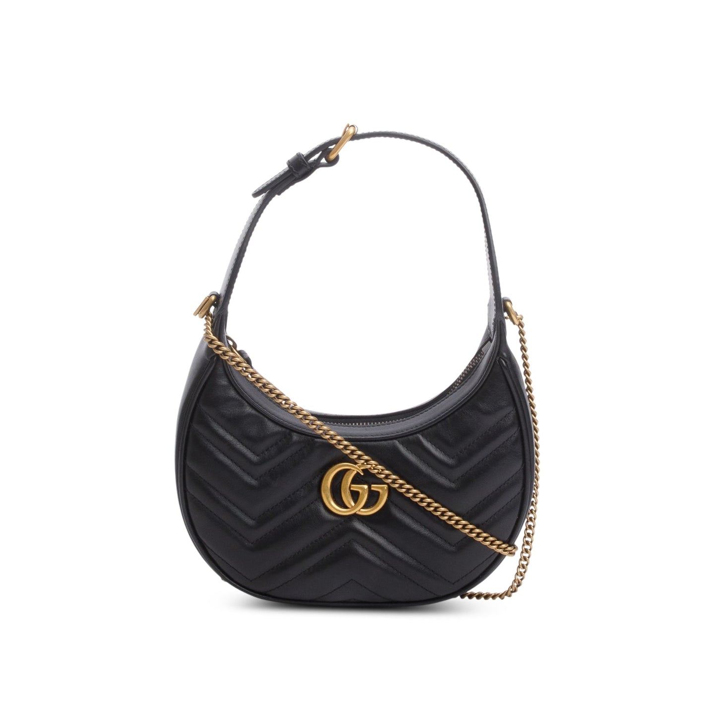 Gucci Black Calfskin Matelasse Chevron Mini GG Marmont Half Moon Hobo