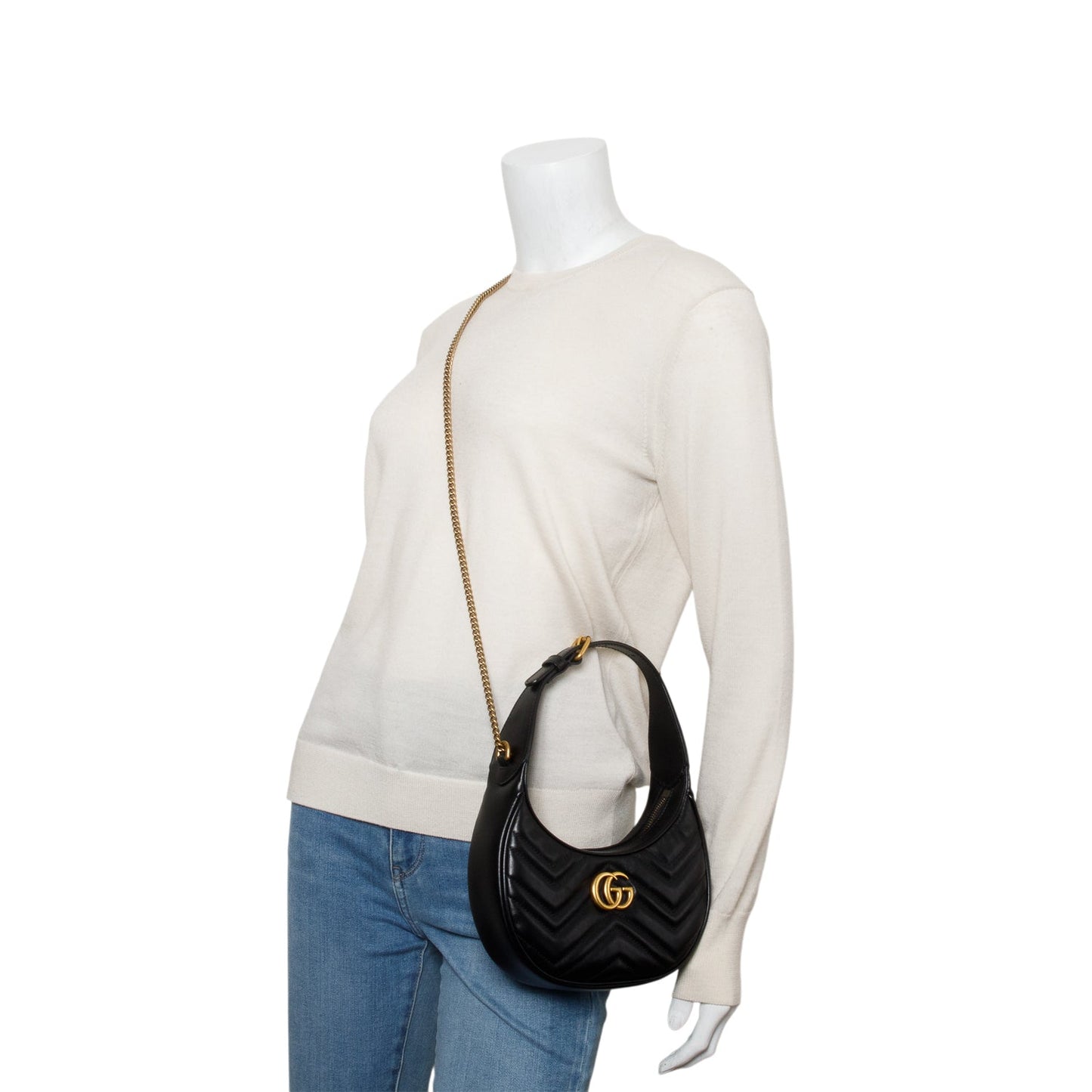 Gucci Black Calfskin Matelasse Chevron Mini GG Marmont Half Moon Hobo