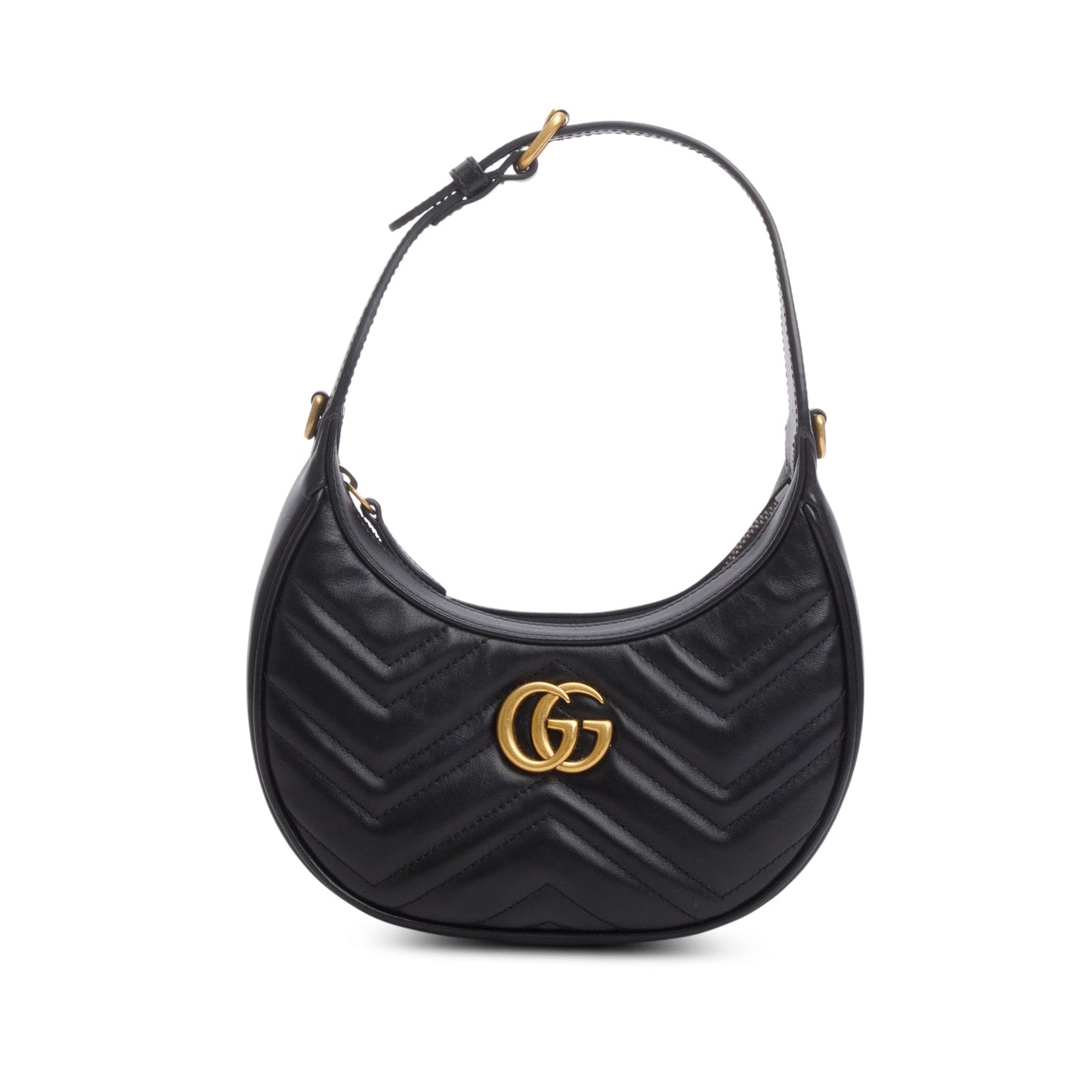 Gucci Black Calfskin Matelasse Chevron Mini GG Marmont Half Moon Hobo