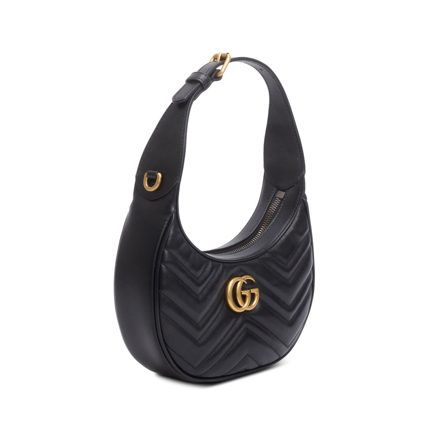 Gucci Black Calfskin Matelasse Chevron Mini GG Marmont Half Moon Hobo