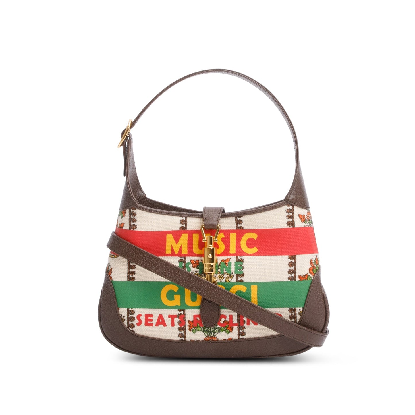 Gucci Neutral & Multicolor Music Is Mine Canvas Brown Leather Trim Small Jackie 1961 Shoulder Bag