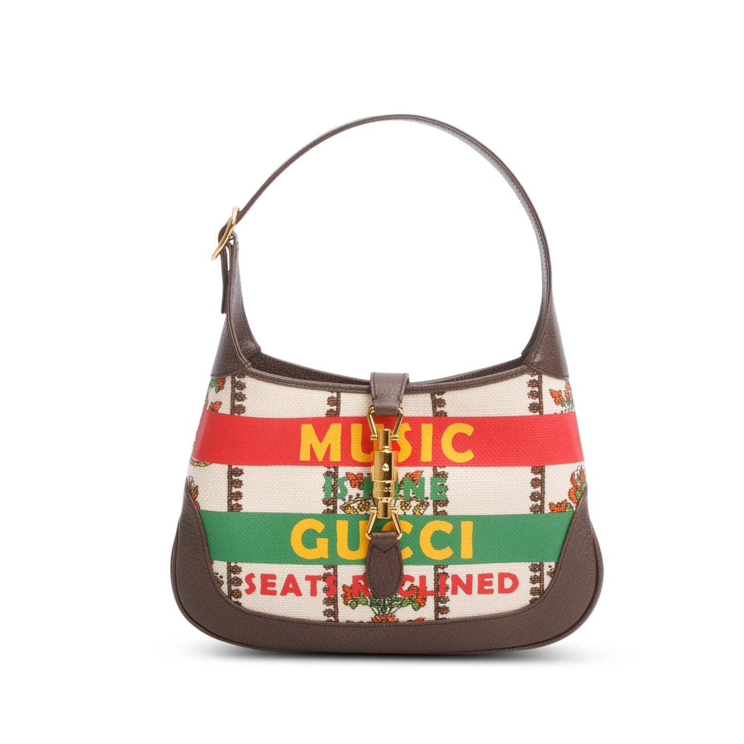 Gucci Neutral & Multicolor Music Is Mine Canvas Brown Leather Trim Small Jackie 1961 Shoulder Bag