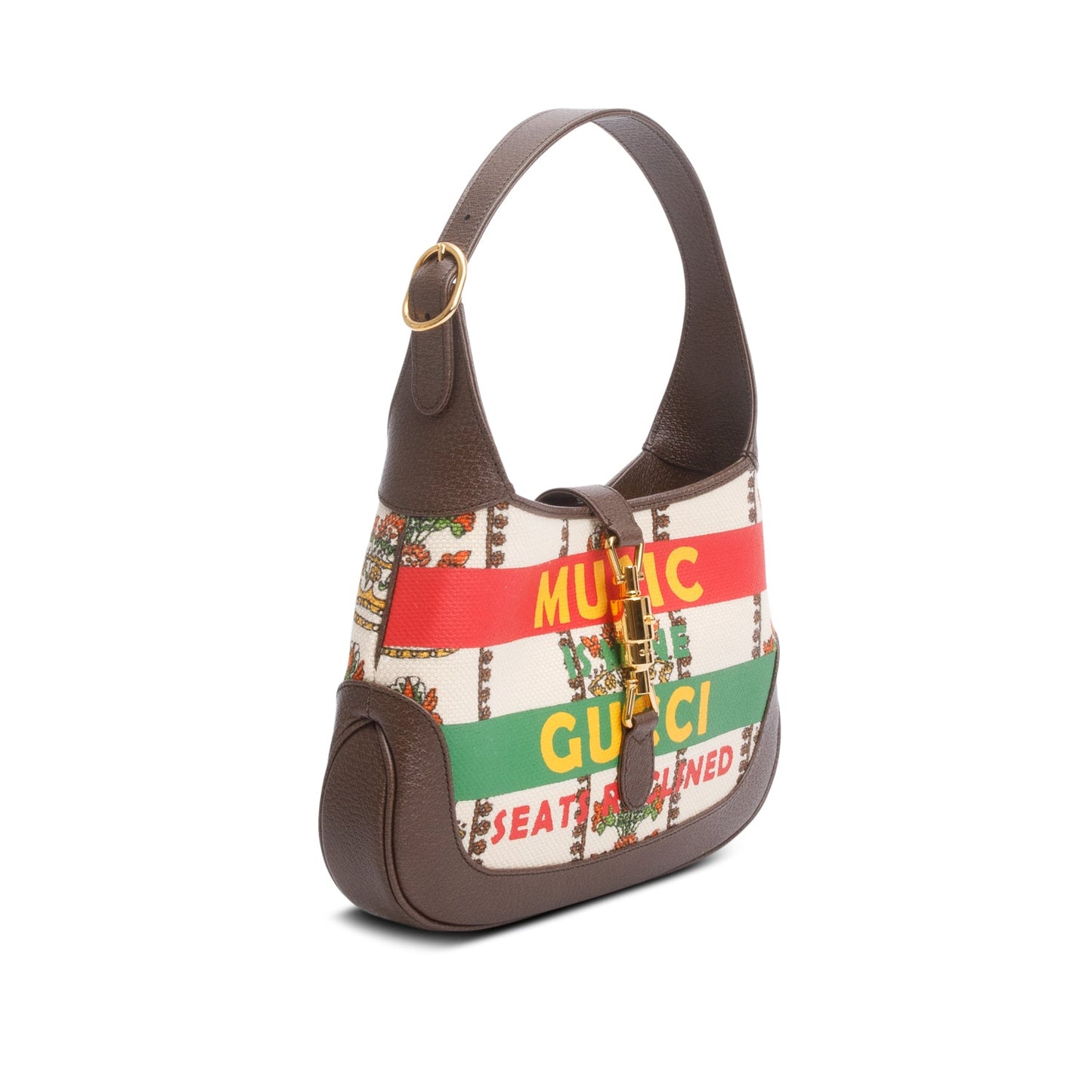 Gucci Neutral & Multicolor Music Is Mine Canvas Brown Leather Trim Small Jackie 1961 Shoulder Bag