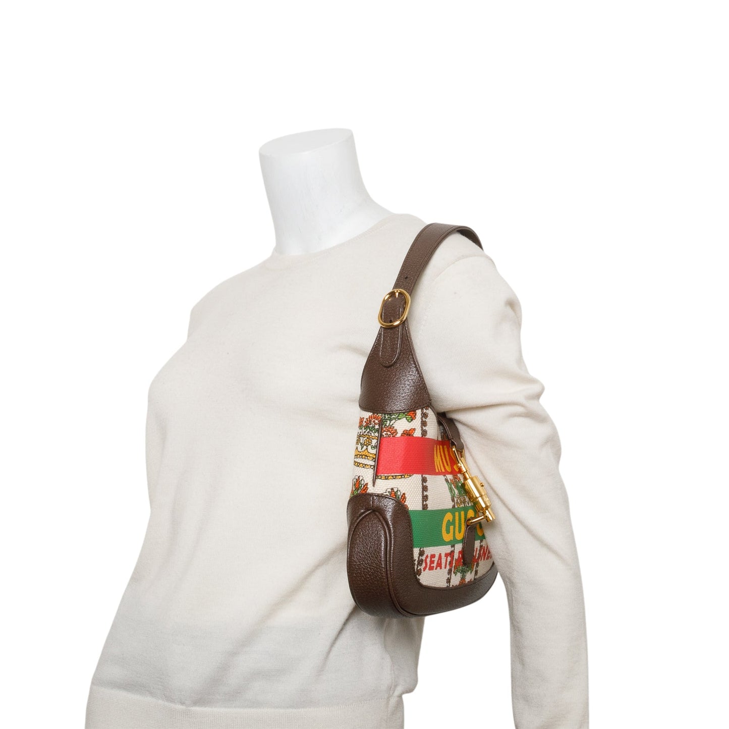Gucci Neutral & Multicolor Music Is Mine Canvas Brown Leather Trim Small Jackie 1961 Shoulder Bag