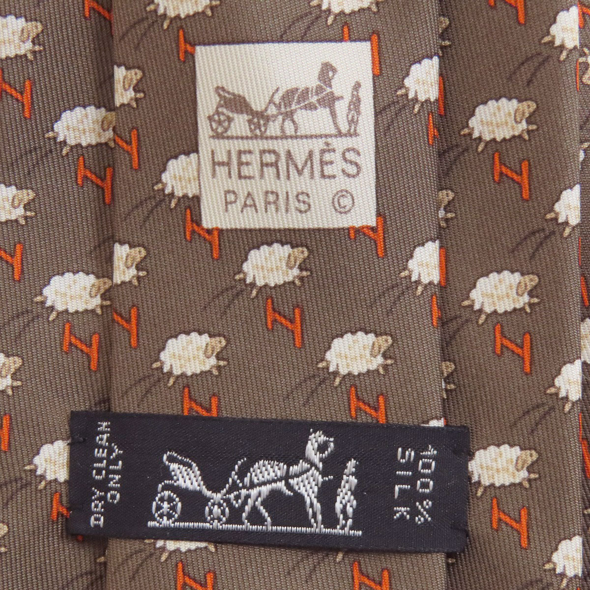 HERMES tie silk Brown SheepPattern mens