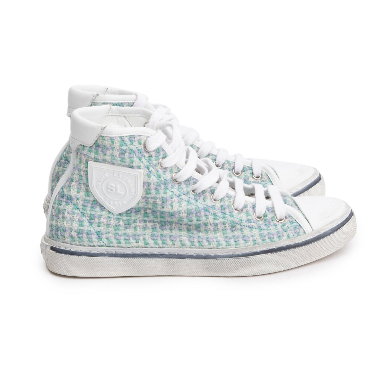 Saint Laurent Multicolor Tweed Malibu Mid Top Sneakers, Size 38