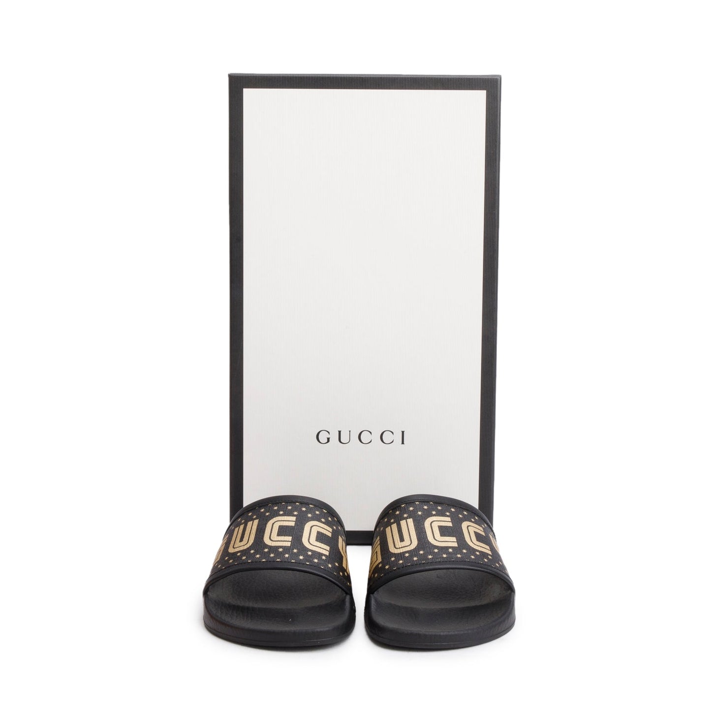 Gucci x Sega Supreme Black Rubber Guccy Star Slides, Size 5