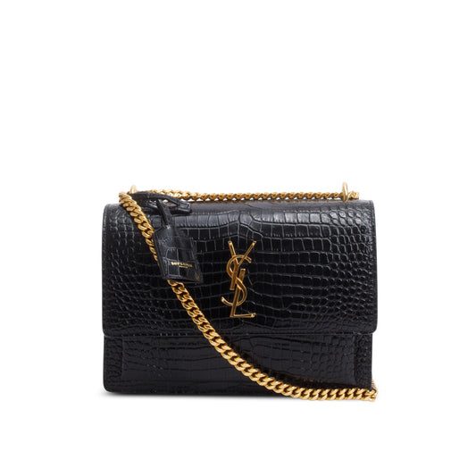 Saint Laurent Black Croc Embossed Calfskin Medium Sunset Bag