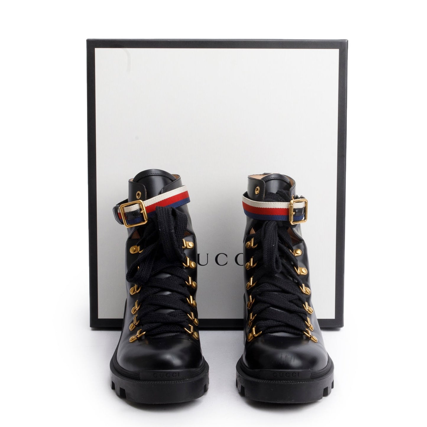 Gucci Black Calfskin Leather Web Slyvie Lace Up Combat Boots, Size 40