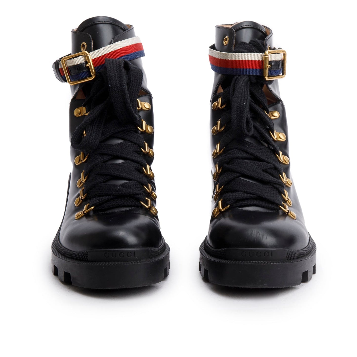 Gucci Black Calfskin Leather Web Slyvie Lace Up Combat Boots, Size 40