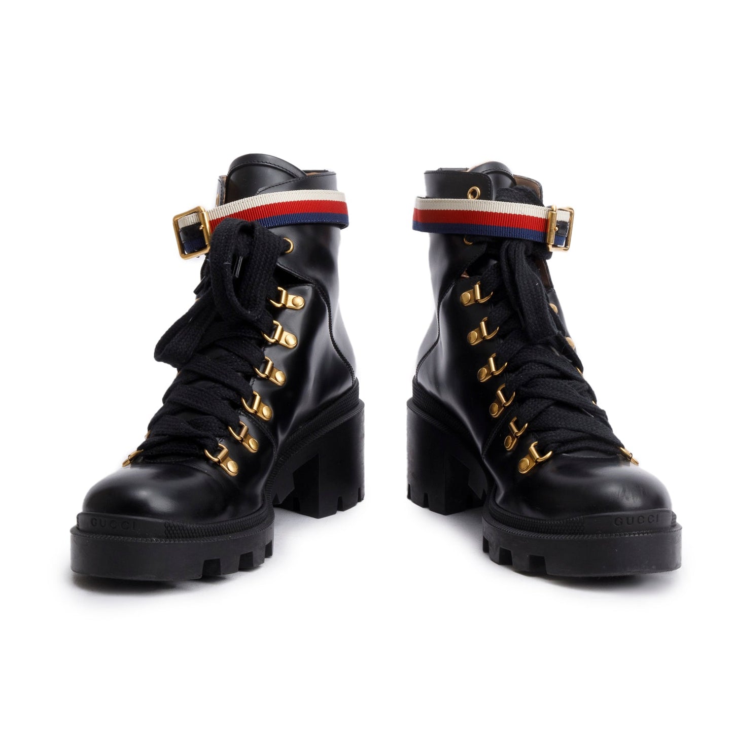 Gucci Black Calfskin Leather Web Slyvie Lace Up Combat Boots, Size 40