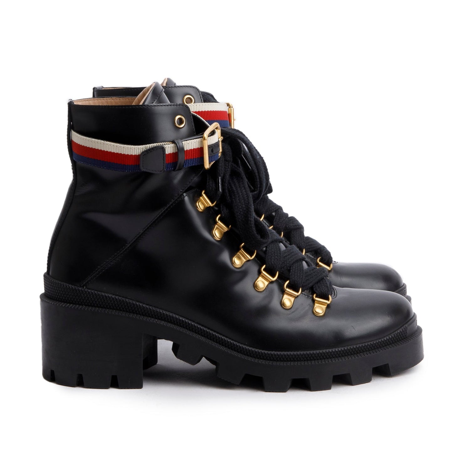 Gucci Black Calfskin Leather Web Slyvie Lace Up Combat Boots, Size 40