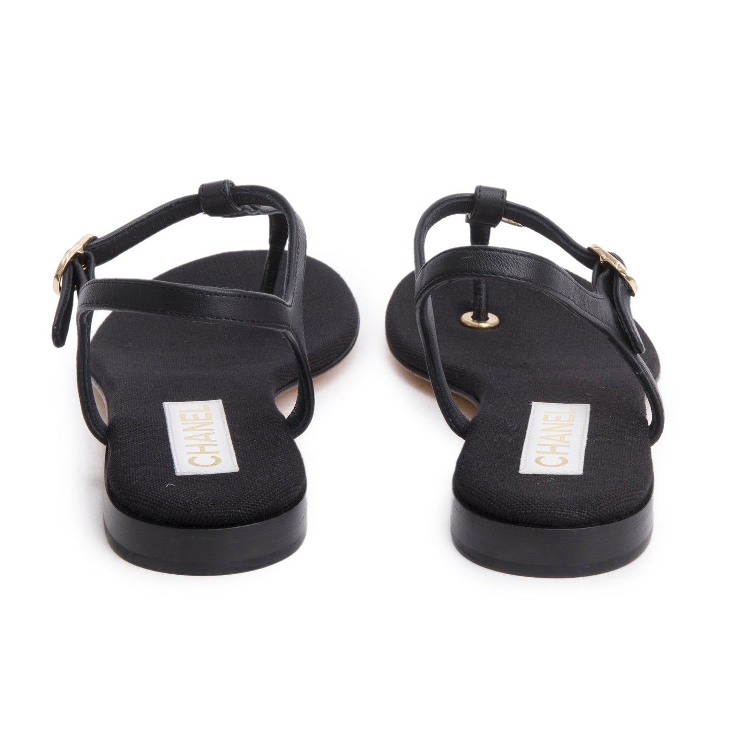 Chanel 2023 Black Calfskin Leather CC T-Strap Sandals, Size 38