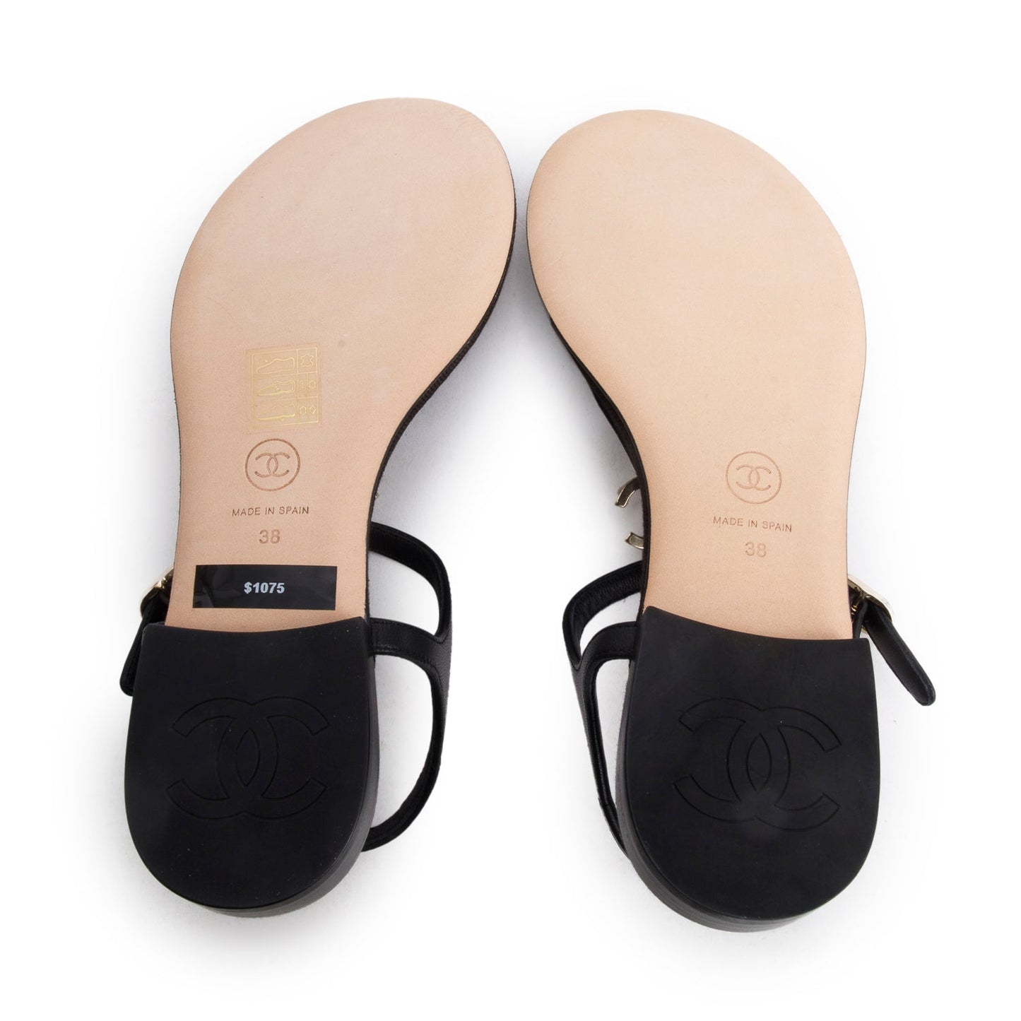 Chanel 2023 Black Calfskin Leather CC T-Strap Sandals, Size 38